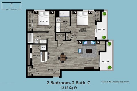 Floor plan for 2 beds, 2 baths, 1218 sqft
